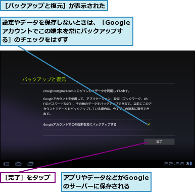 アプリやデータなどがGoogleのサーバーに保存される,設定やデータを保存しないときは、［Googleアカウントでこの端末を常にバックアップする］のチェックをはずす,［バックアップと復元］が表示された    ,［完了］をタップ