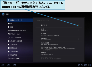 ［機内モード］をチェックすると、3G、Wi-Fi、 Bluetoothの通信機能が停止される　　