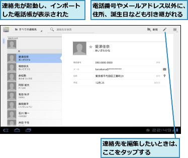 連絡先が起動し、インポートした電話帳が表示された  ,連絡先を編集したいときは、ここをタップする    ,電話番号やメールアドレス以外に、住所、誕生日なども引き継がれる