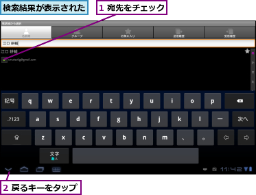 1 宛先をチェック,2 戻るキーをタップ,検索結果が表示された