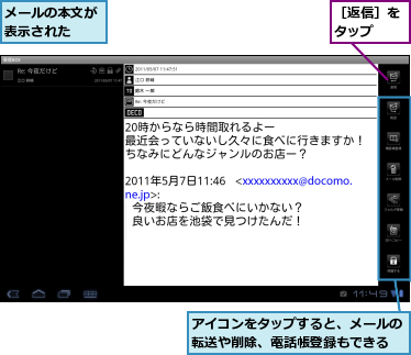 アイコンをタップすると、メールの転送や削除、電話帳登録もできる　　,メールの本文が表示された　　,［返信］をタップ　　