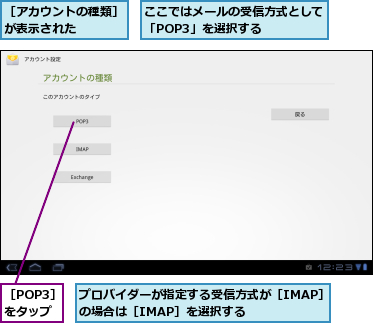 ここではメールの受信方式として「POP3」を選択する　　　　,プロバイダーが指定する受信方式が［IMAP］の場合は［IMAP］を選択する　　　　,［POP3］をタップ,［アカウントの種類］が表示された　　　　