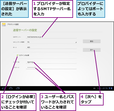 1 プロバイダーが指定するSMTPサーバー名　を入力,2［ログインが必要］にチェックが付いて　いることを確認,3 ユーザー名とパスワードが入力されて　いることを確認,4［次へ］をタップ　　,プロバイダーによってはポートも入力する,［送信サーバーの設定］が表示された