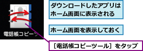 ダウンロードしたアプリはホーム画面に表示される,ホーム画面を表示しておく,［電話帳コピーツール］をタップ