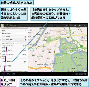標準では今すぐ出発するものとしての経路が表示される,経路の候補が表示された,見たい経路をタップ,［その他のオプション］をタップすると、経路の候補の並べ替えや有料特急・空路の利用を設定できる　　　,［出発日時］をタップすると、出発日時の変更や、到着日時・最終電車への変更ができる