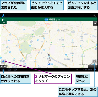 2 ナビマークのアイコンをタップ　　　　　　　,ここをタップすると、別の経路を選択できる　　　,ピンチアウトをすると画面が拡大する　　　,ピンチインをすると画面が縮小する　　,マップが全体図に変更された　　,現在地に戻った,目的地への到着時刻が表示される　　　