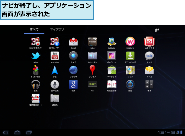 ナビが終了し、アプリケーション画面が表示された　　　　　　