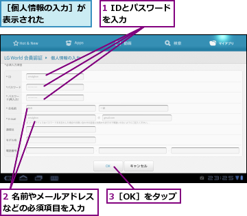 1 IDとパスワードを入力    ,2 名前やメールアドレスなどの必須項目を入力  ,3［OK］をタップ,［個人情報の入力］が表示された    