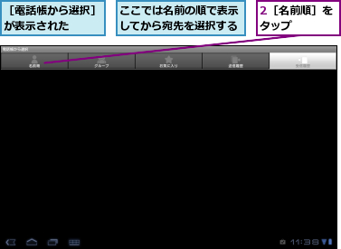 2［名前順］をタップ　　　,ここでは名前の順で表示してから宛先を選択する,［電話帳から選択］が表示された　　　