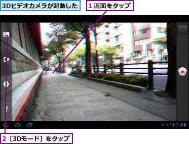 1 画面をタップ,2［3Dモード］をタップ,3Dビデオカメラが起動した