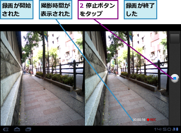 2 停止ボタンをタップ　　　,撮影時間が表示された,録画が終了した　　,録画が開始された　　
