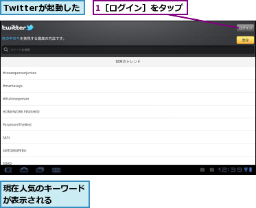 1［ログイン］をタップ,Twitterが起動した,現在人気のキーワードが表示される　　　　