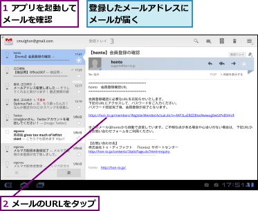 1 アプリを起動してメールを確認　　　　,2 メールのURLをタップ,登録したメールアドレスにメールが届く　　　　　