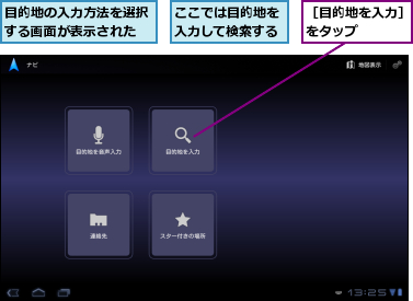 ここでは目的地を入力して検索する,目的地の入力方法を選択する画面が表示された,［目的地を入力］をタップ　　　