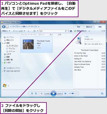 1 パソコンとOptimus Padを接続し、［自動再生］で［デジタルメディアファイルをこのデバイスと同期させます］をクリック,2 ファイルをドラッグし［同期の開始］をクリック
