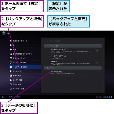 1 ホーム画面で［設定］をタップ　　　　　　　,2［バックアップと復元］をタップ　　　　　　　,3［データの初期化］をタップ　　　　　　,［バックアップと復元］が表示された　　　　,［設定］が表示された