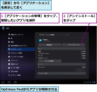 1［アプリケーションの管理］をタップ、削除したいアプリを選択　　　　　　,2［アンインストール］をタップ　　　　　　,Optimus Padからアプリが削除される,［設定］から［アプリケーション］を表示しておく　　　　　　　　