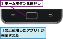 1 ホームボタンを長押し,［最近使用したアプリ］が表示された      