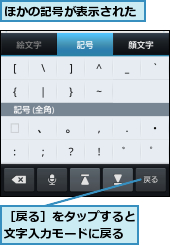 ほかの記号が表示された,［戻る］をタップすると文字入力モードに戻る