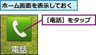 ホーム画面を表示しておく,［電話］をタップ