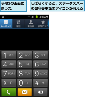 しばらくすると、ステータスバーの留守番電話のアイコンが消える,手順3の画面に戻った    