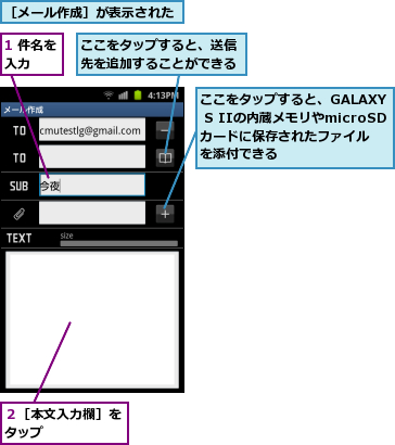 1 件名を入力  ,ここをタップすると、GALAXY S IIの内蔵メモリやmicroSDカードに保存されたファイルを添付できる,ここをタップすると、送信先を追加することができる,２［本文入力欄］をタップ      ,［メール作成］が表示された