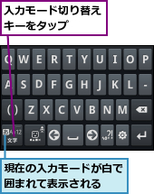 入力モード切り替えキーをタップ  ,現在の入力モードが白で囲まれて表示される  