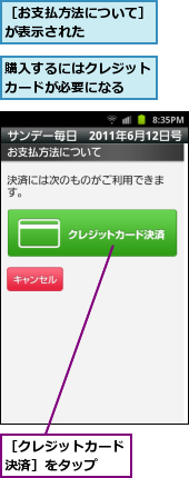購入するにはクレジットカードが必要になる　　,［お支払方法について］が表示された　　　　　,［クレジットカード決済］をタップ　　