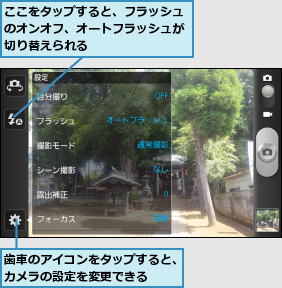 ここをタップすると、フラッシュのオンオフ、オートフラッシュが切り替えられる,歯車のアイコンをタップすると、カメラの設定を変更できる