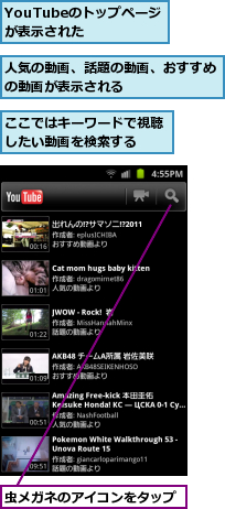YouTubeのトップページが表示された　　,ここではキーワードで視聴したい動画を検索する　　,人気の動画、話題の動画、おすすめの動画が表示される　　　　　　　,虫メガネのアイコンをタップ