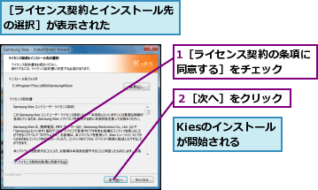 1［ライセンス契約の条項に同意する］をチェック　　,Kiesのインストールが開始される,２［次へ］をクリック,［ライセンス契約とインストール先の選択］が表示された　　　　　