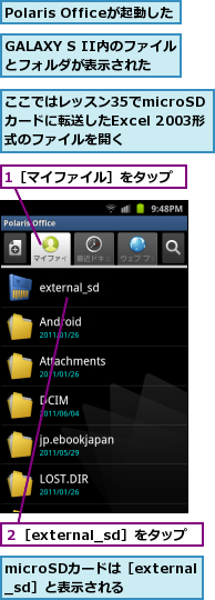 1［マイファイル］をタップ,GALAXY S II内のファイルとフォルダが表示された,Polaris Officeが起動した,microSDカードは［external_sd］と表示される,ここではレッスン35でmicroSD　カードに転送したExcel 2003形式のファイルを開く,２［external_sd］をタップ