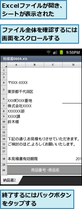 Excelファイルが開き、シートが表示された,ファイル全体を確認するには画面をスクロールする　　,終了するにはバックボタンをタップする　　　　　