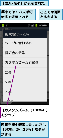 ここでは画面を拡大する,標準では75％の表示倍率で表示される,画面を縮小表示したいときは［50％］か［25％］をタップする　　　,［カスタムズーム（100％）］をタップ　　　　　　　　　,［拡大/縮小］が表示された