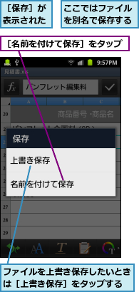 ここではファイルを別名で保存する,ファイルを上書き保存したいときは［上書き保存］をタップする,［保存］が表示された,［名前を付けて保存］をタップ