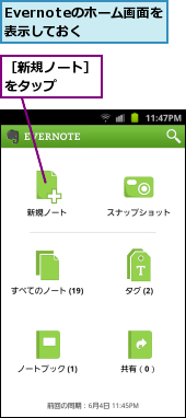Evernoteのホーム画面を表示しておく,［新規ノート］をタップ　　　