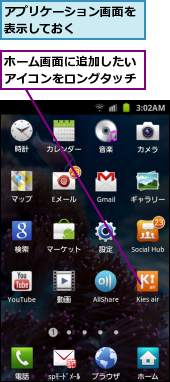 アプリケーション画面を表示しておく　　　　,ホーム画面に追加したいアイコンをロングタッチ