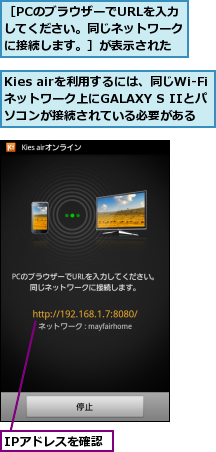 IPアドレスを確認,Kies airを利用するには、同じWi-Fiネットワーク上にGALAXY S IIとパソコンが接続されている必要がある,［PCのブラウザーでURLを入力　してください。同じネットワークに接続します。］が表示された