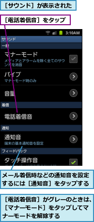 メール着信時などの通知音を設定するには［通知音］をタップする,［サウンド］が表示された,［電話着信音］がグレーのときは、［マナーモード］をタップしてマナーモードを解除する,［電話着信音］をタップ