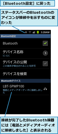 ステータスバーのBluetoothのアイコンが接続中を示すものに変わった,接続が完了したBluetooth機器　には［電話とメディアオーディオに接続しました］と表示される,［Bluetooth設定］に戻った