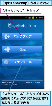 ［spritebackup］が表示された,［スケジュール］をタップすると、定期的にバックアップが実行されるように設定できる,［バックアップ］をタップ