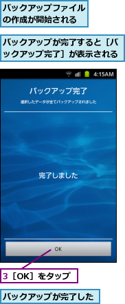 3［OK］をタップ,バックアップが完了した,バックアップが完了すると［バックアップ完了］が表示される,バックアップファイルの作成が開始される