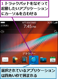 1 トラックパッドをなぞって起動したいアプリケーション　にカーソルを合わせる,選択されているアプリケーションは四角い枠で囲まれる　　　　