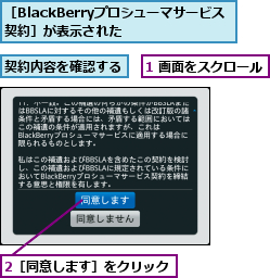 1 画面をスクロール,2［同意します］をクリック,契約内容を確認する,［BlackBerryプロシューマサービス契約］が表示された  