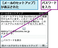 パスワードを入力  ,［メールのセットアップ］が表示された      