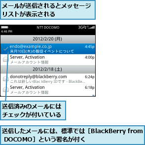 メールが送信されるとメッセージリストが表示される      ,送信したメールには、標準では［BlackBerry from DOCOMO］という署名が付く,送信済みのメールにはチェックが付いている