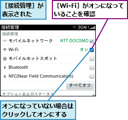オンになっていない場合はクリックしてオンにする,［Wi-Fi］がオンになっていることを確認  ,［接続管理］が表示された  
