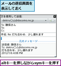 altキーを押しながらsymキーを押す,メールの返信画面を表示しておく  
