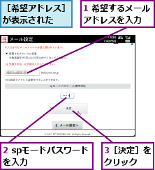 1 希望するメールアドレスを入力  ,2 spモードパスワードを入力      ,3［決定］をクリック  ,［希望アドレス］が表示された  