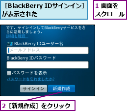 1 画面をスクロール,2［新規作成］をクリック,［BlackBerry IDサインイン］が表示された    